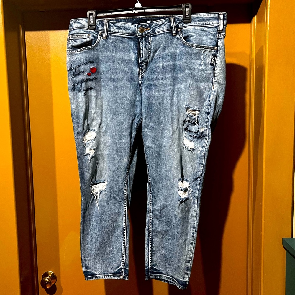 Silver cropped distressed/embroidered jeans Size 18